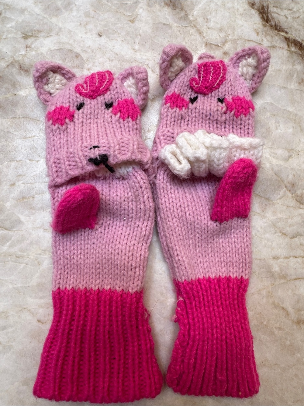 Joules Pink Plush Animal Knit Mittens with Hot Pink Accents